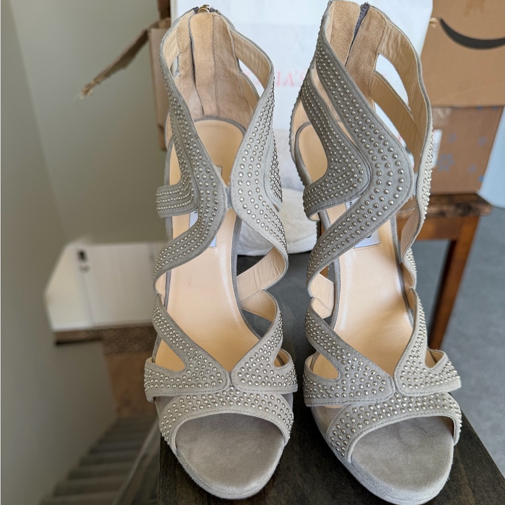 Jimmy Choo Gray Suede Cutout Studded High Heel Sandals